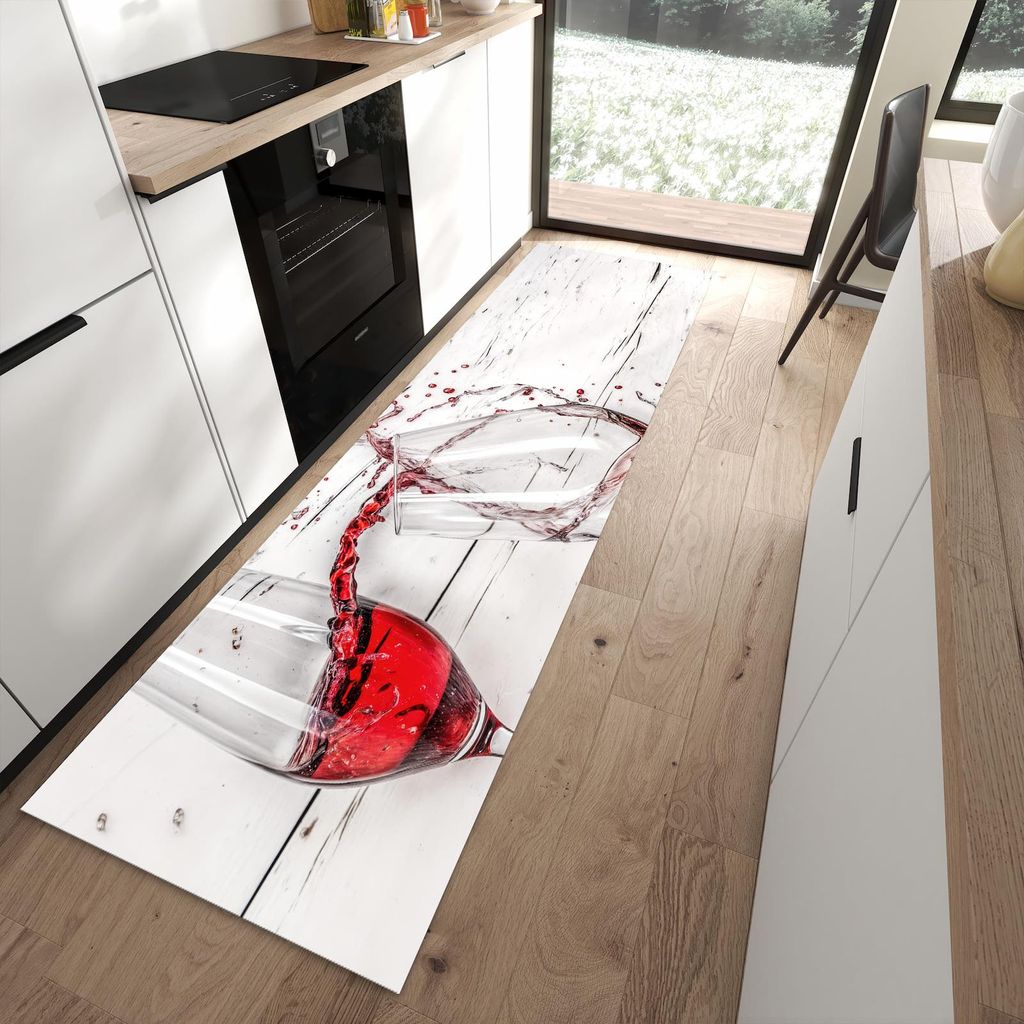 Küchenteppich 80x280cm rutschfest & abwischbar PVC Läufer - Rotweingläserfall