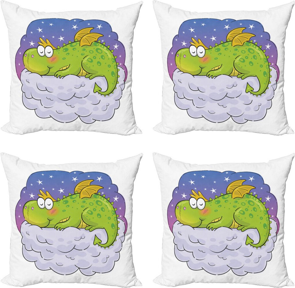ABAKUHAUS Drachen Kissenbezug Set (4 Stück), Nachtschlaf auf einer Wolke, Moderner Doppelseitiger Digitaldruck, 60 cm x 60 cm, weiß Multicolor