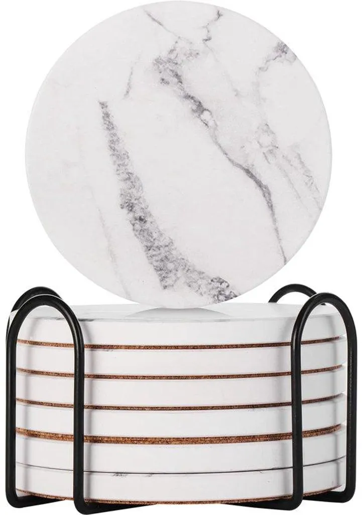 Dessous de verre marbre et bois 10 cm avec support assorti - Lot de 6