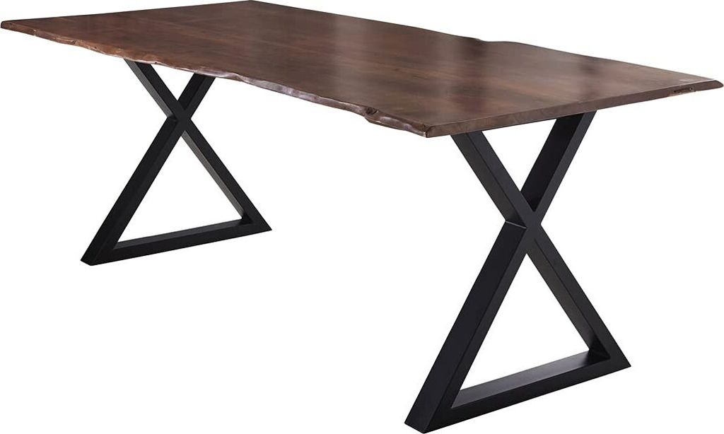 Esstisch 240x100 cm Lubin, Akazienholz nussbaumfarben, Massiver Esszimmertisch mit echter Baumkante, Baumkantentisch mit geschlossenem X-Gestell Sc...