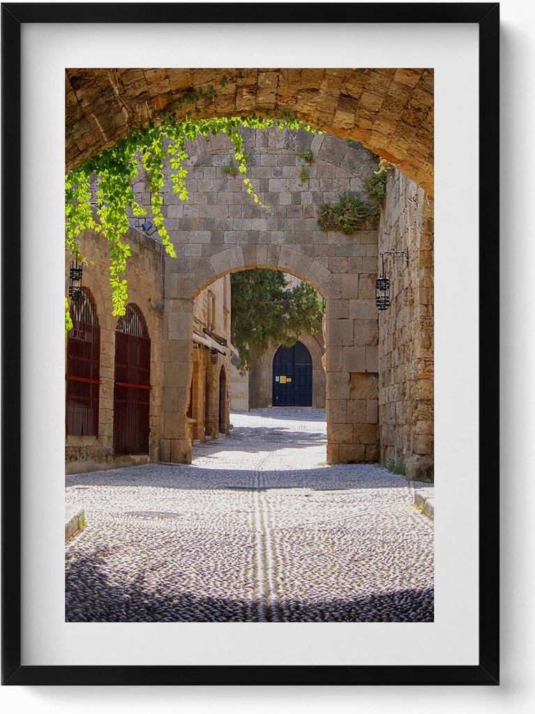 Mittelalterliche Straße von Rhodos Griechenland– Wandbild mit Rahmen – Gerahmtes Bild – Wanddekoration – 50x70 cm – Schwarz Rahmen