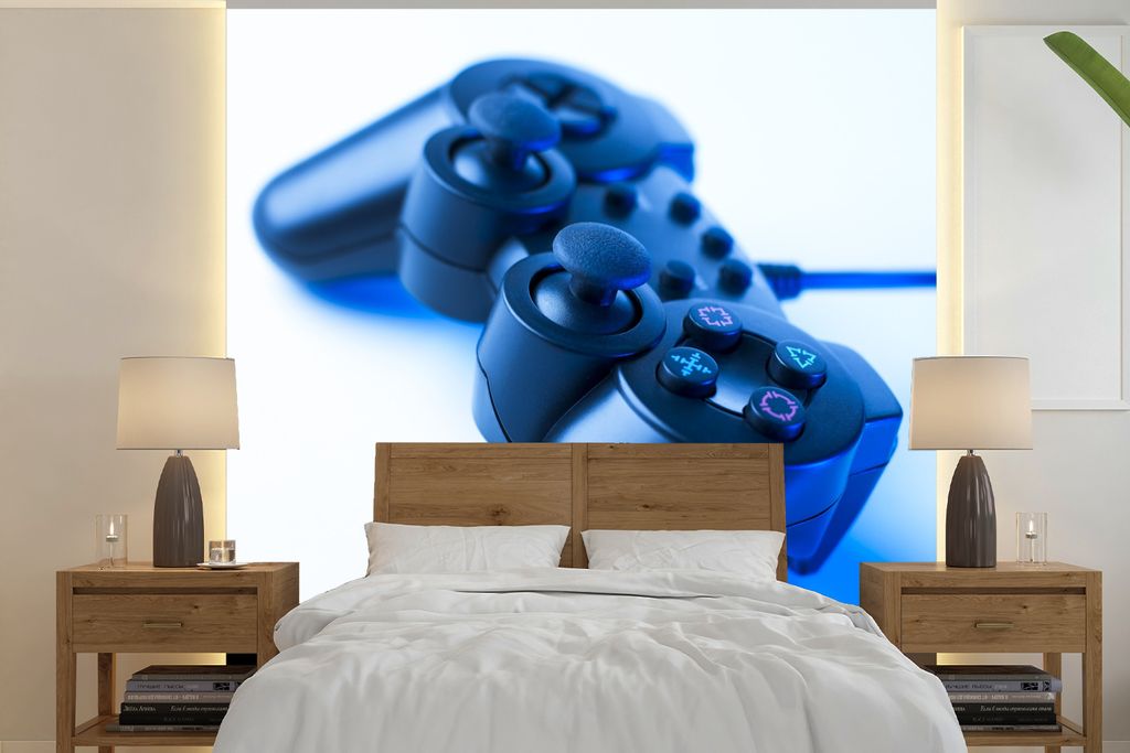 MuchoWow Fototapete für Wohnzimmer oder Schlafzimmer Wandtapete Vinyl Motivtapete Gaming-Controller - Blau - 220x220 cm - Tapeten