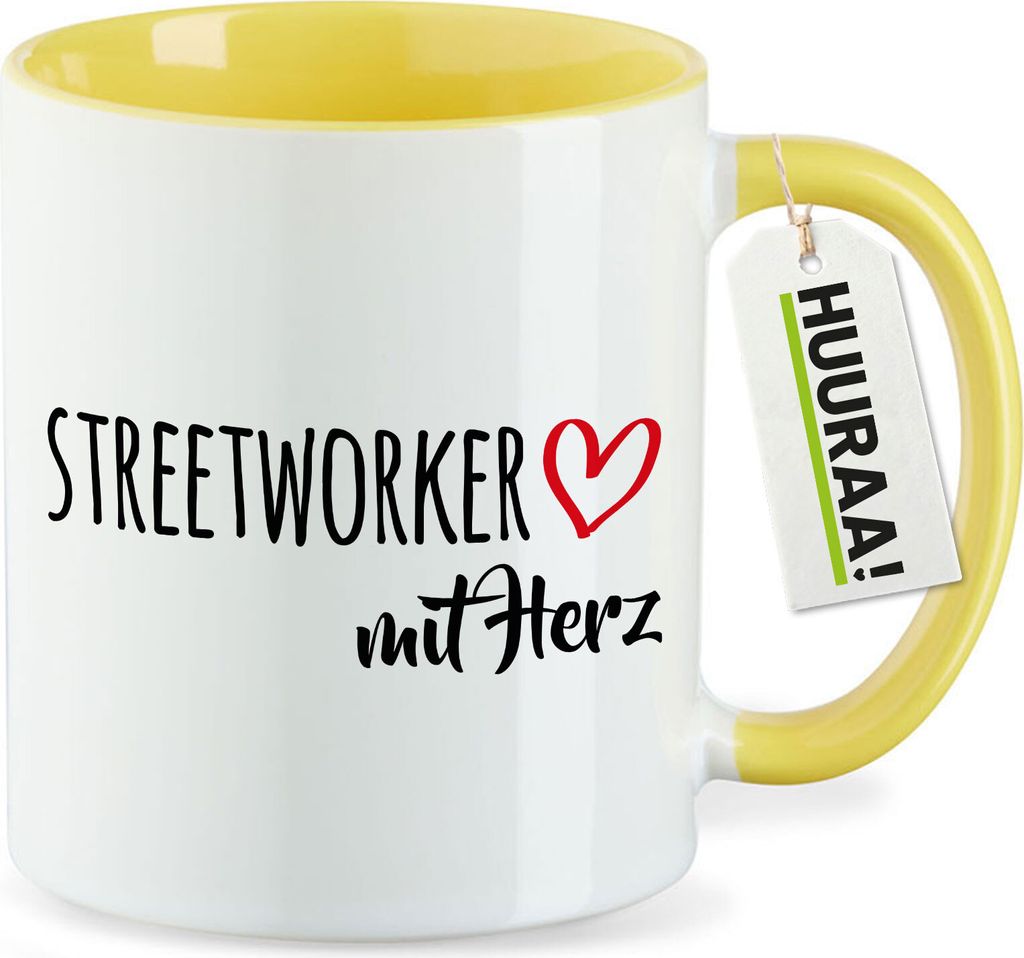 Huuraa Kaffeetasse Streetworker mit Herz 330ml Gelb Keramik Kaffeebecher Geschenkidee