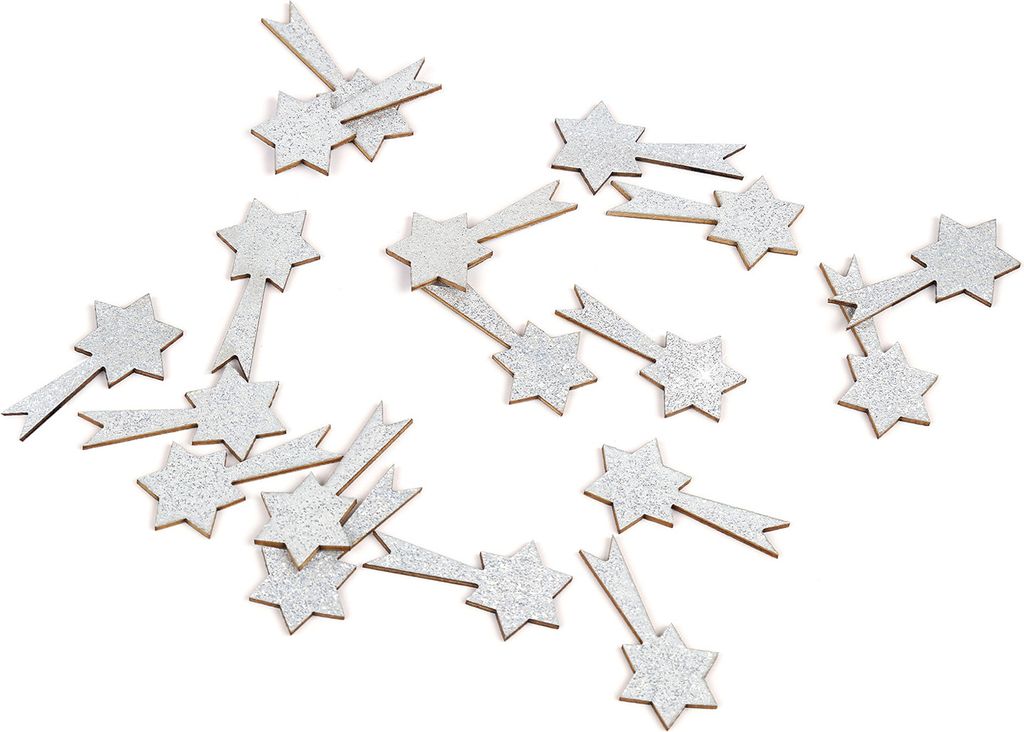 Oblique Unique Holz Sternschnuppen Komet Set mit Glitzer als Konfetti Tisch Deko für Weihnachten DIY Basteln - silber
