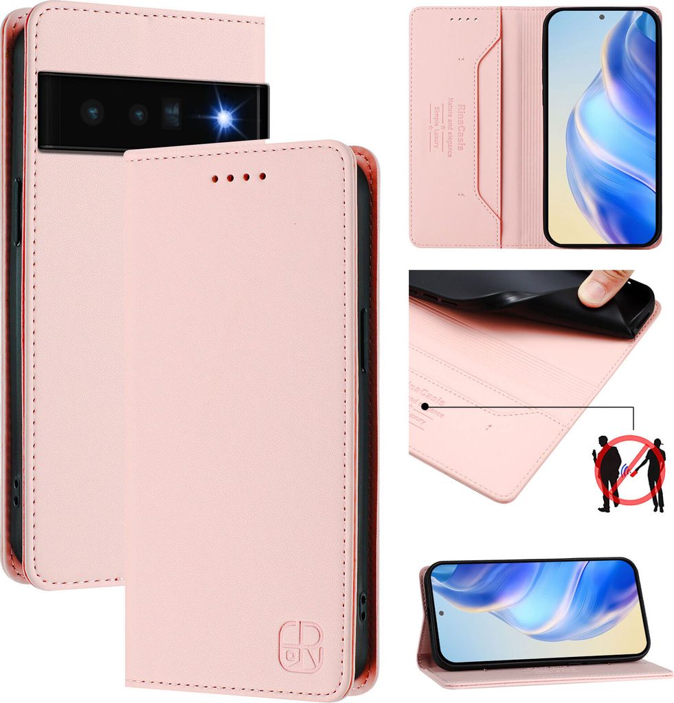 Lederhülle für Google Pixel 6 Pro Hülle Flip Brieftasche Kartenfächern Ständer Schutzhülle Pink