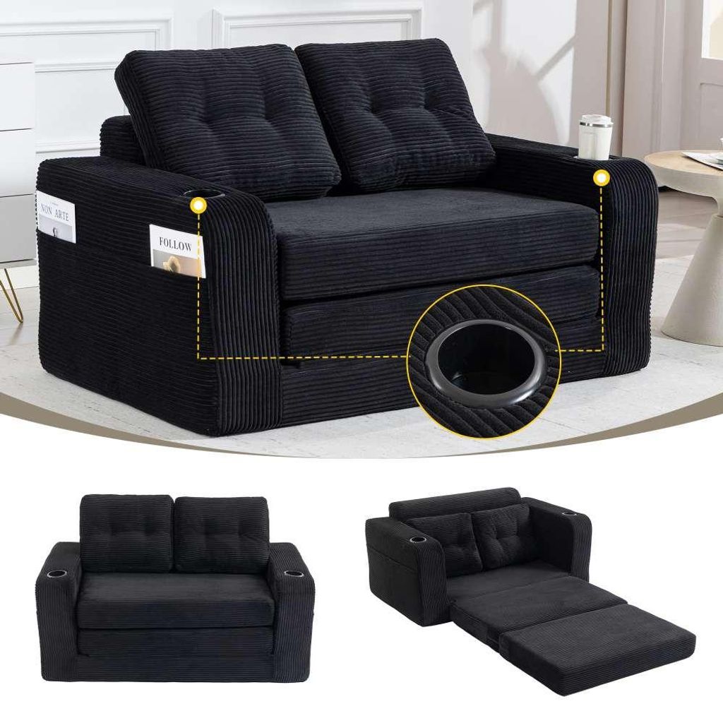 AIORBER Zweisitzer Sofa Cord Sitzsack Sofa modulares Bodensofa ohne Rahmen mit Getränkehaltern Seitentaschen gepolstert weich Schwarz