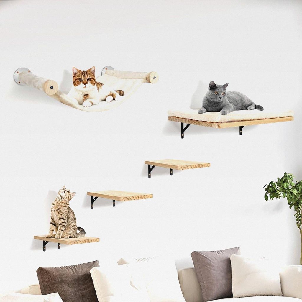 Katzen kletterwand Set mit Katzenbaum Hängematte,Katzen Wandelemente,Katzentreppe Wand,5-Teiliges Massivholz Katzenwandmöbel Set für Katze Catwalk