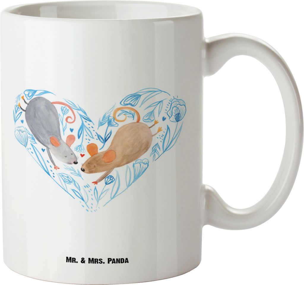 Mr. & Mrs. Panda Teebecher Mäuse Herz - Weiß - Geschenk, Haferl, Hochzeit, Kaffeepott, Pott, Maus, weisse tasse, Riesenkaffeetasse, Lieblingsmens...