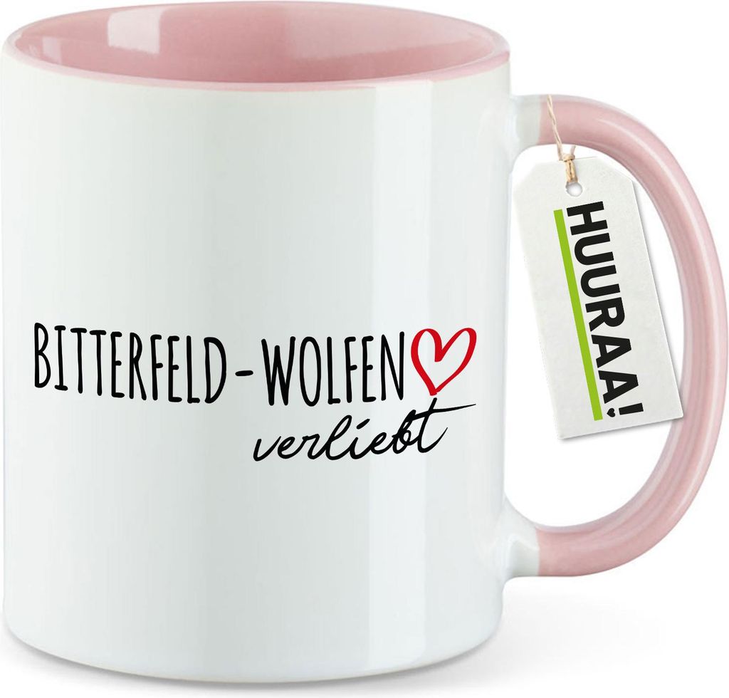 Huuraa Kaffeetasse Bitterfeld-Wolfen verliebt 330ml Rosa Keramik Kaffeebecher Geschenkidee