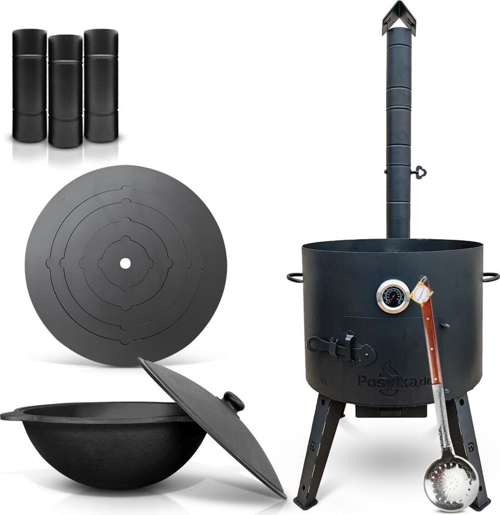 Utschak Uchag Feuerofen 49 cm Herdplatte 4mm Usbekische Kazan 22 L Schaumlöffel