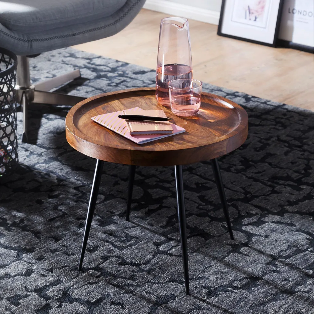 Table basse ronde en bois véritable massif et cadre métallique robuste