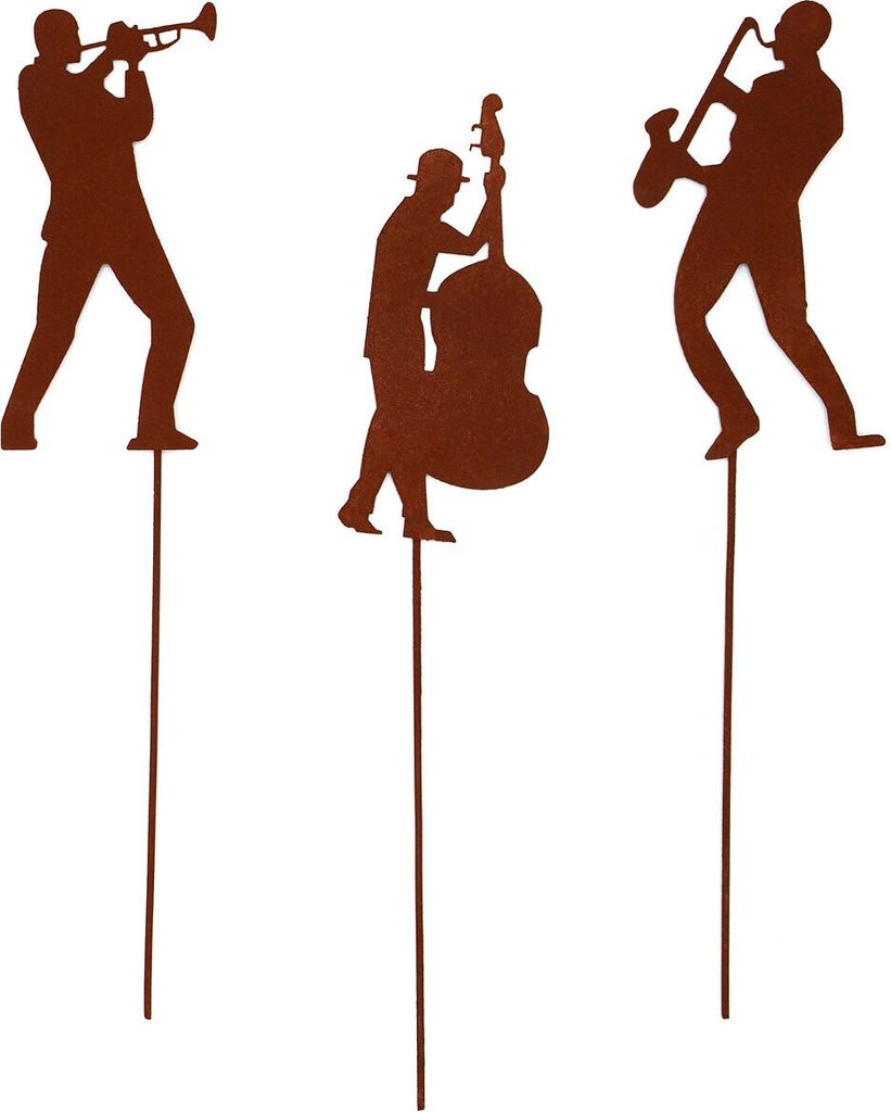UNUS Gartenstecker Musiker Rostoptik 3er Set Musikband Cello Trompete Saxophon