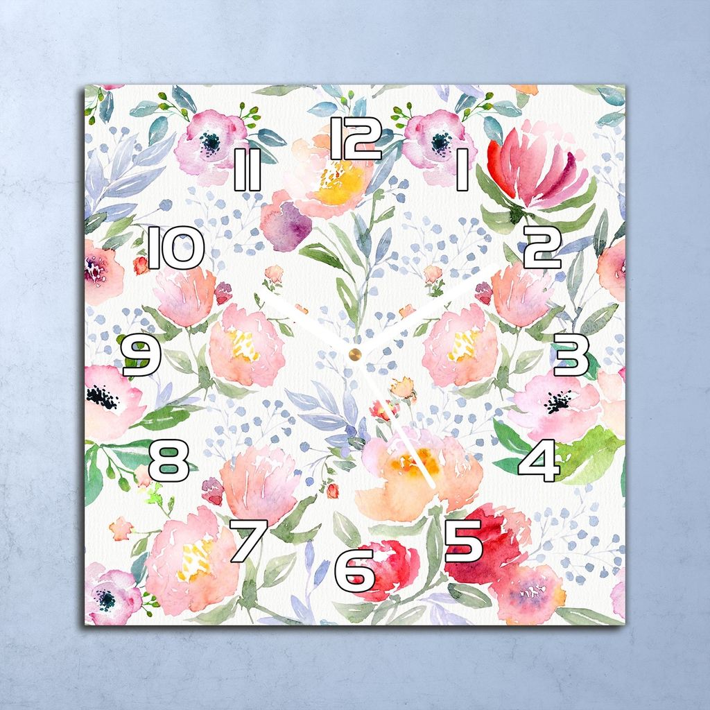 Deko Glasuhr Wanduhr 30x30 Aquarell Blumen Quarz Küchenuhr Bürouhr