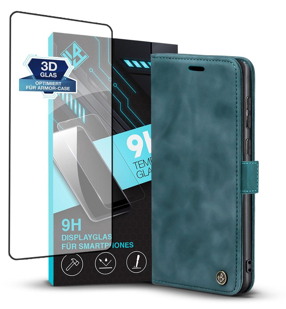 Handy Hülle für Samsung Galaxy S24 Ultra mit 9H Displayglas Klapphülle Bookcase Flip Cover Handy Tasche Etui Farbe: Petrol
