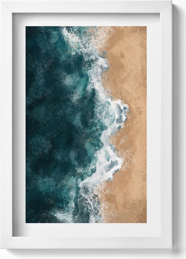 Illustration von Meereswellen und Strand aus der Vogelperspektive– Wandbild mit Rahmen – Gerahmtes Bild – Wanddekoration – 20x30 cm – Weiß