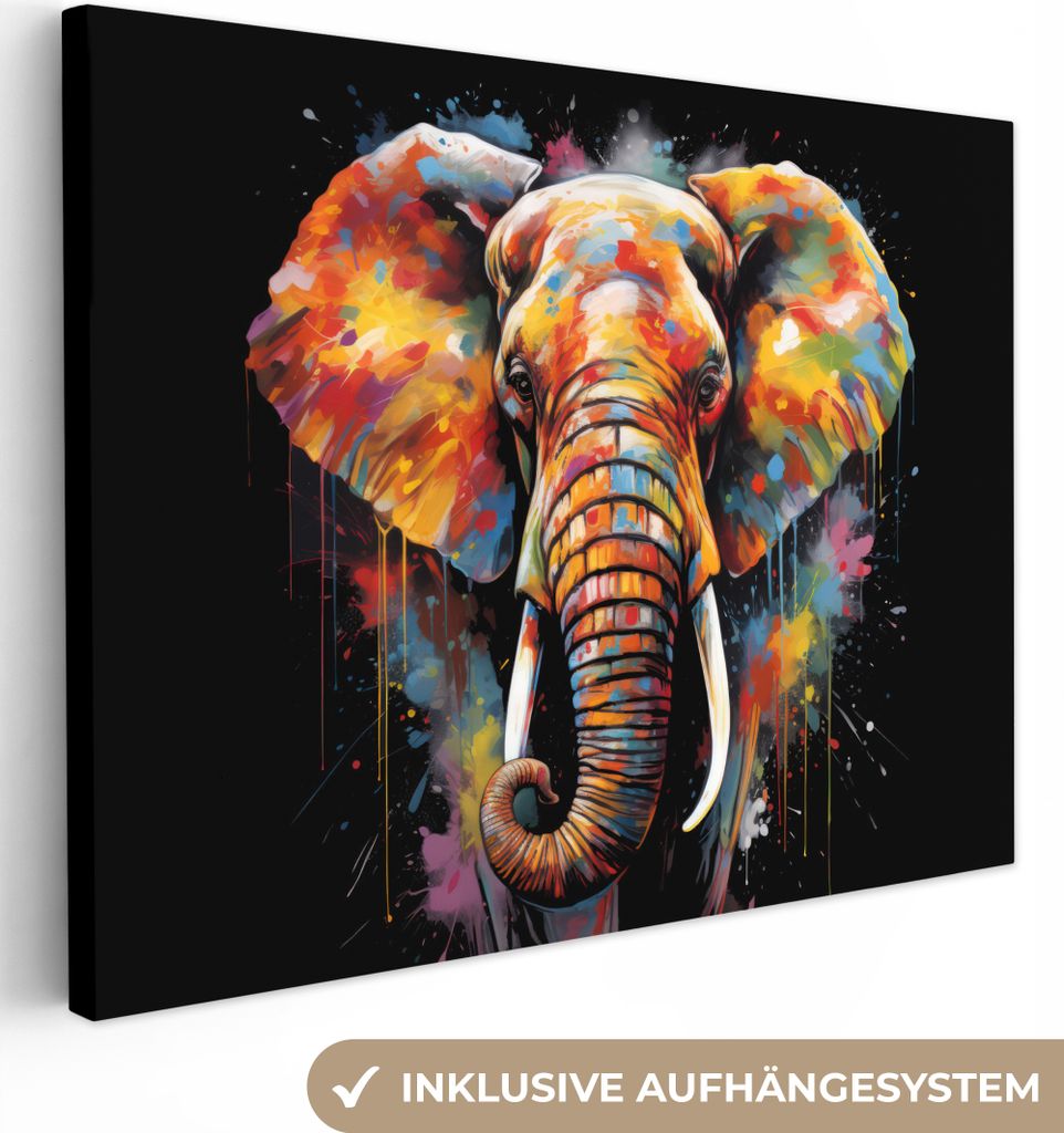 Leinwandbilder 40x30 cm - Graffiti - Elefant - Schwarz - Tiere - Farben, Bilder Wohnzimmer Modern, Wanddeko