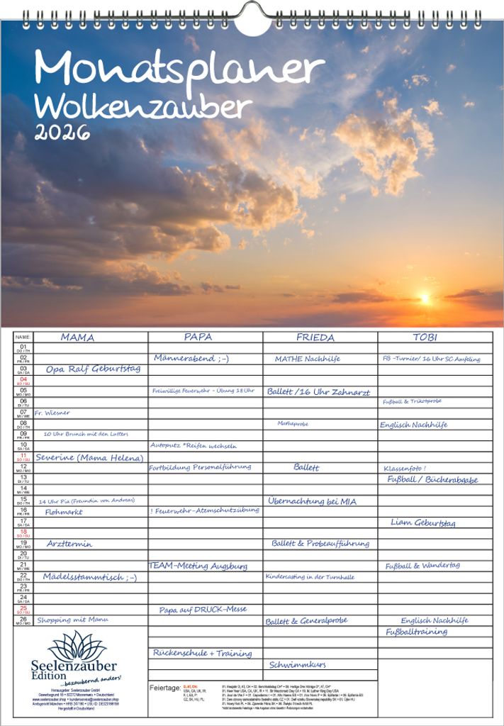 Wolkenzauber Planer Familienplaner 4 Spaltenplaner DIN A3 Kalender für 2026 Wolken Himmel - Seelenzauber