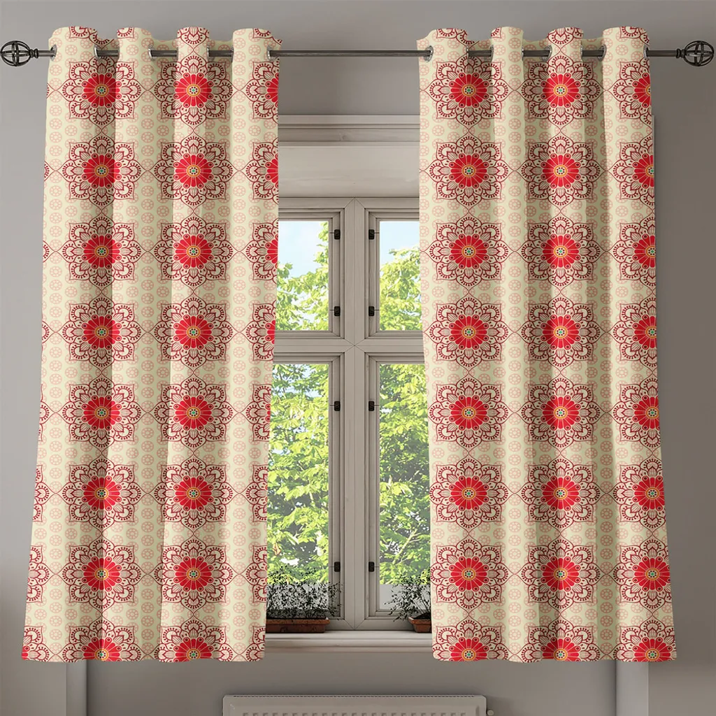 Rideau ethnique à œillets composition florale mandalas rubis et beige - 2