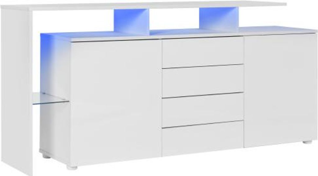 Kommode Esszimmer 160x35x70 cm Sideboard LED Weiss Wohnzimmerschrank Standschrank TV-Schrank Wohnzimmerwand Mehrzweckschrank Vitrine Buffetschrank