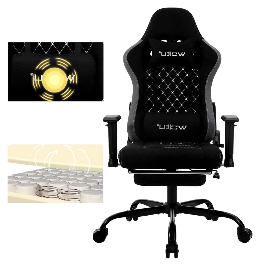 Massage Gaming Stuhl, Ergonomischer Bürostuhl im Racing Design, Kopfstütze, Lendenmassage, Fußstütze, Drehstuhl mit Rollen, 150 kg Tragfähigke...