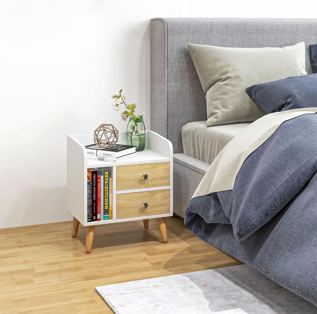 Table de nuit compacte pour petite chambre blanche 2 tiroirs et étagère
