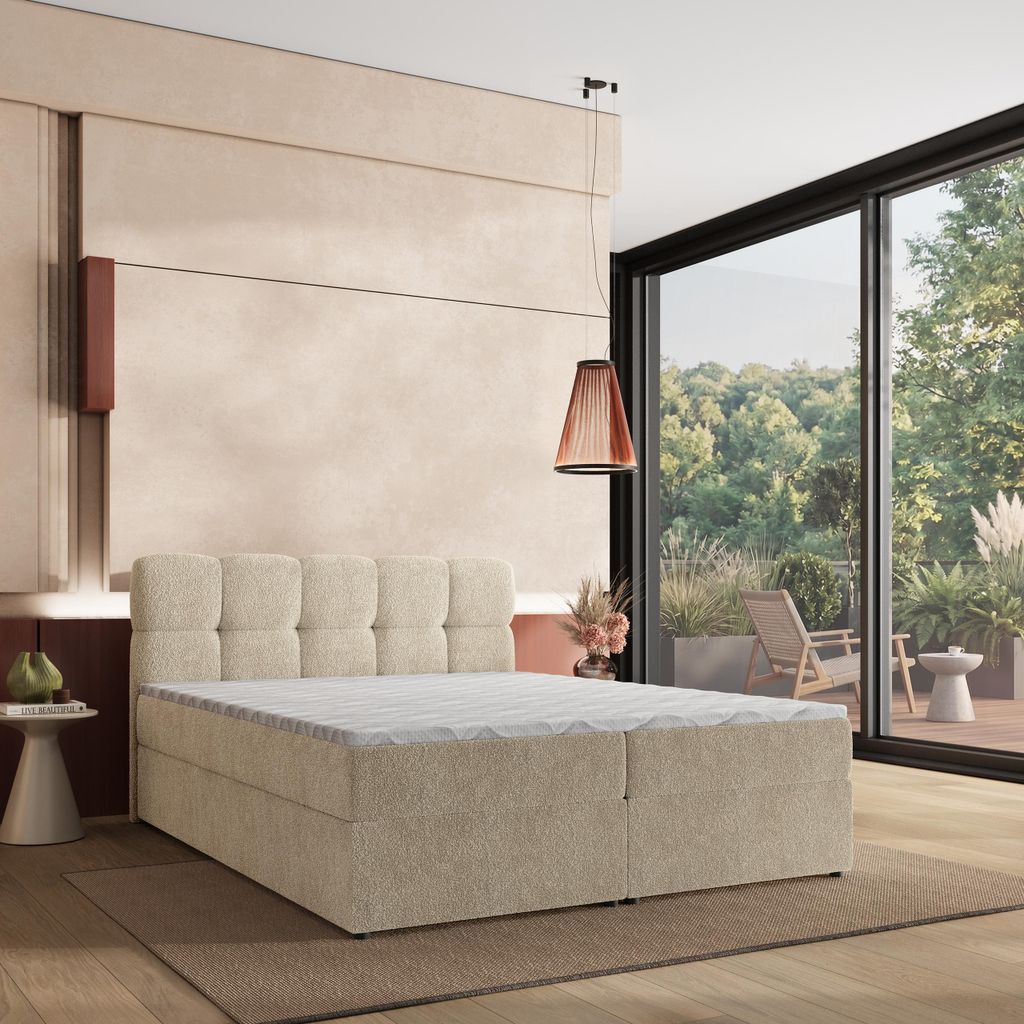 Masseno Boxspringbett MERU 140x200 cm Komplett-Set mit Bonell Matratze und Topper, Polsterbett mit Bettkästen -Creme, QUELLE 02
