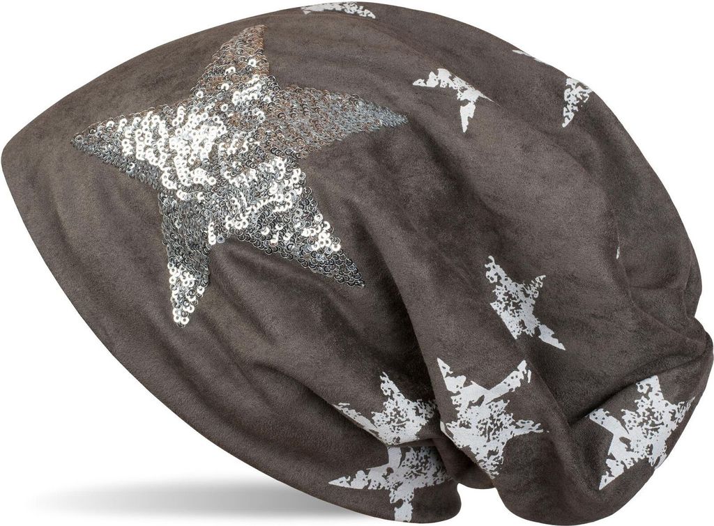 styleBREAKER Beanie Mütze in Veloursleder Optik, Pailletten Stern und All Over Vintage Stern Print, sehr weiches Fleece Innenfutter, Uni 04024098