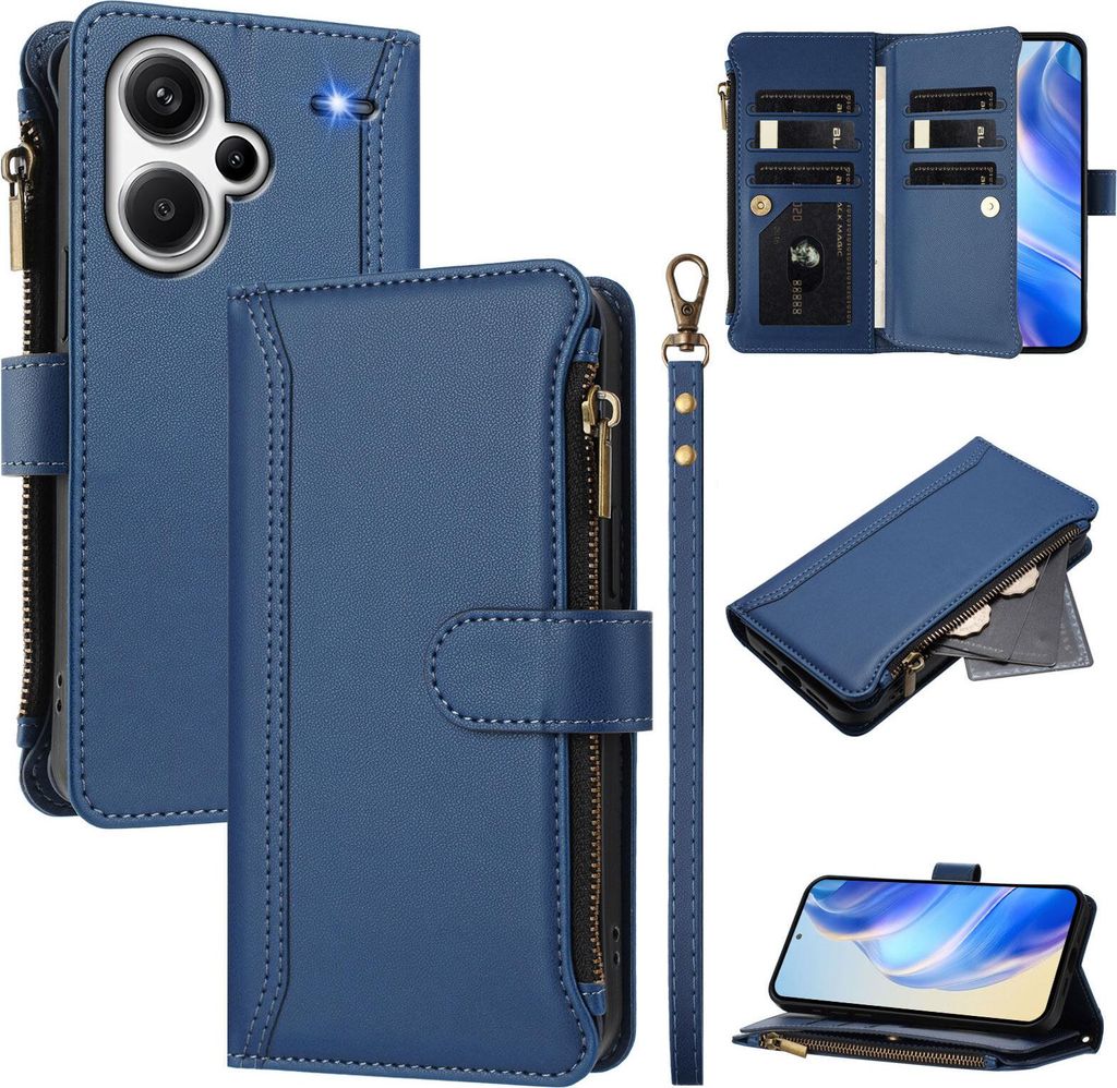 Handyhülle für Xiaomi Redmi Note 13 Pro Plus Reißverschluss Geldbörse Kunstleder Klapphülle mit Kartensteckplatz, Ständer, Handschlaufe Dunke...