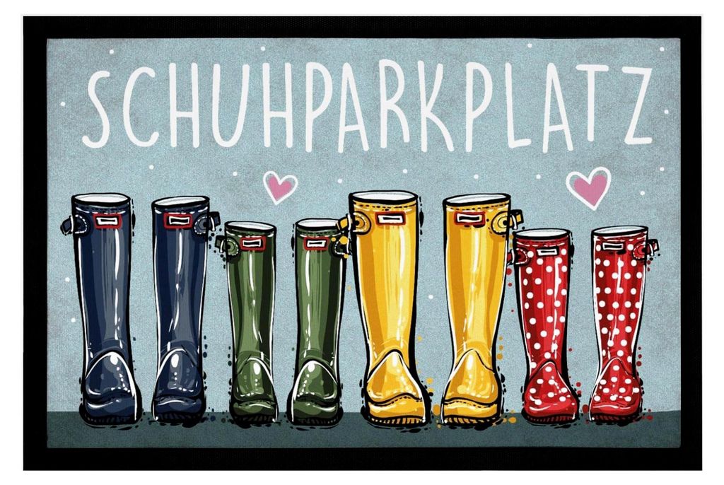 Fußmatte Schuhparkplatz mit lustigem Gummistiefel-Motiv, rutschfest und waschbar, Schwarz 60x40cm