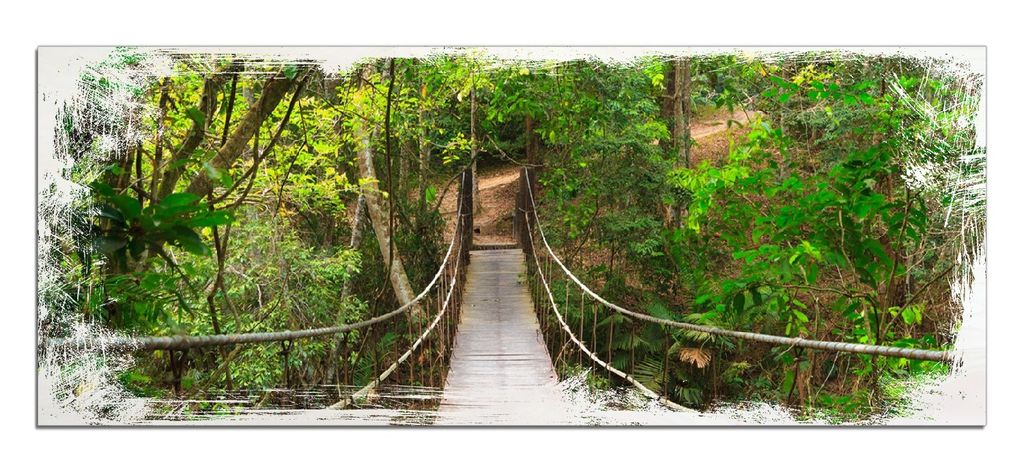 Wallario Kunstdrucke Wandbilder Holz in : Brillante Farben, Größe 50 x 125 cm Motiv Hängebrücke im Urwald grüner Dschungel