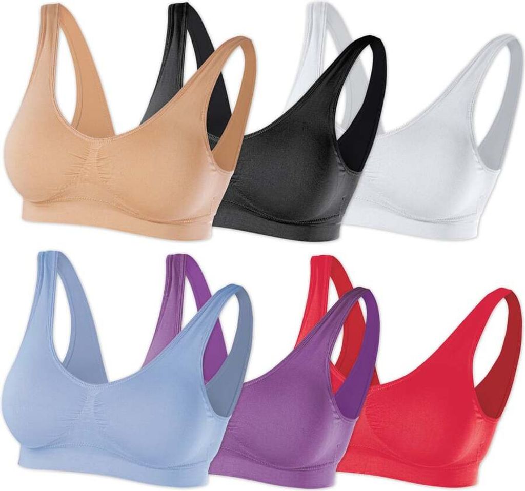 A collection of six sports bras in different colors.