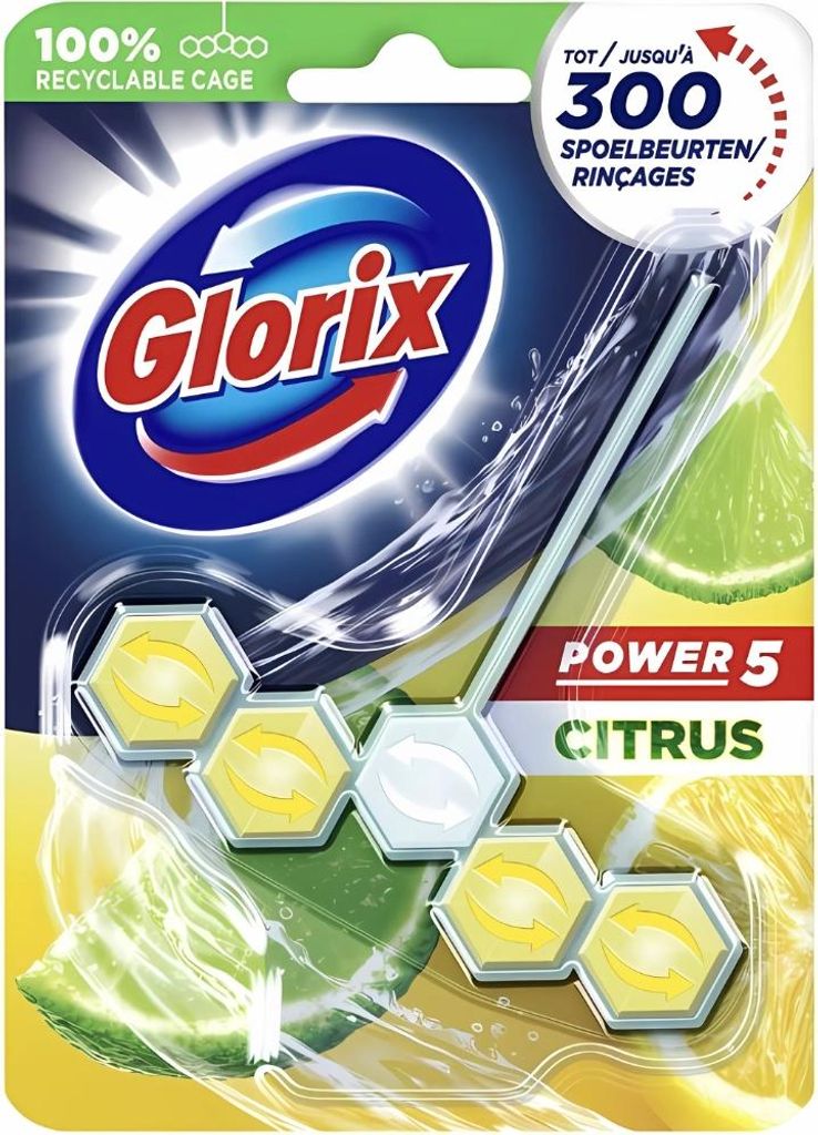 Glorix Toilettenblock - Power 5 - Zitrone - Zitronenfrisch & Hygienisch - 55 g - 1 Stück