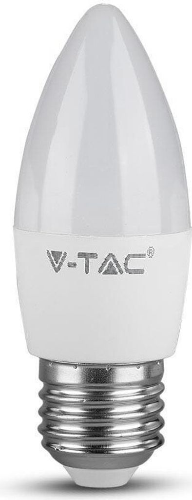 A close-up studio shot of a V-TAC LED light bulb with a white candle-shaped top and a silver screw base.