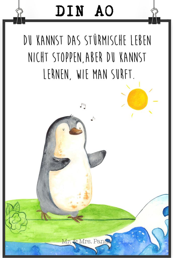 Mr. & Mrs. Panda Bild Pinguin Surfer DIN A0 - Weiß - Geschenk, Plakat, Urlaub, drucke, Motiviert, Optimistisch, Wandbild, Surfen, Hawaii, wanddeko...