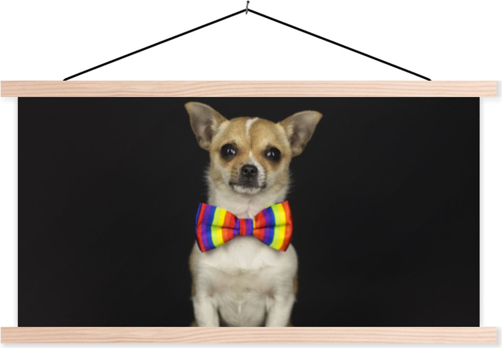 MuchoWow Textilposter Hund - Fliege - Schwarz 60x30 cm mit holzfarbenen Rahmen - Dekoration