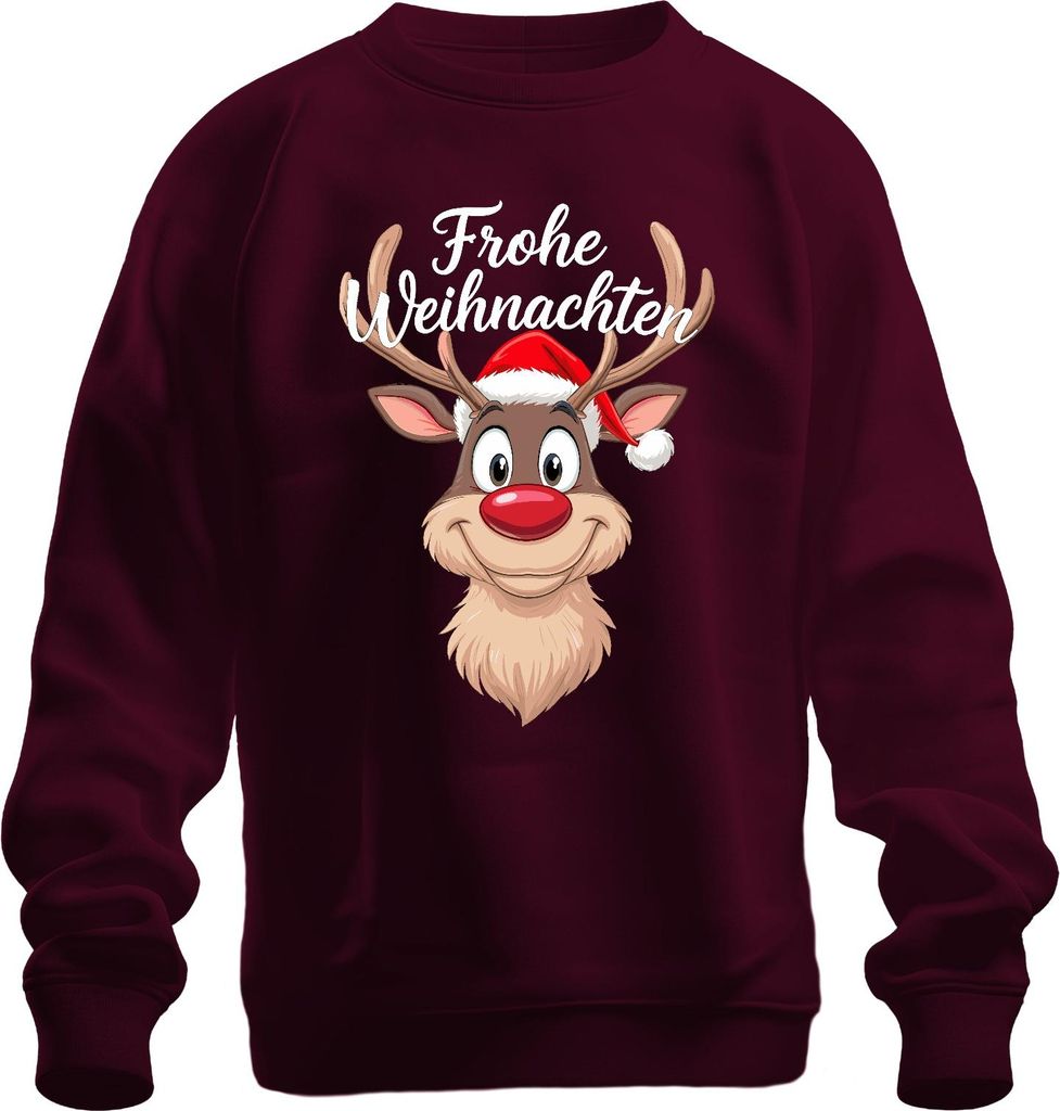 Frohe Weihnachten Rentier Rudolf Weihnachtsmütze Lustig Cartoon Uni Sweatshirt Pullover, Burgundy, M