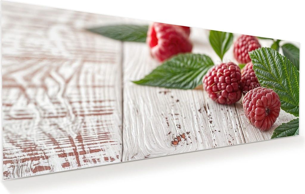 Glasbild 125x50cm in XXL für Wohnzimmer, Schlafzimmer Motiv Himbeeren Holztisch