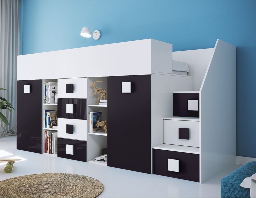 Hochbett Etagenbett weiß hochglanz mit Schreibtisch Schrank Regalen und Treppe rechts TELLY 3 weiß-schwarz