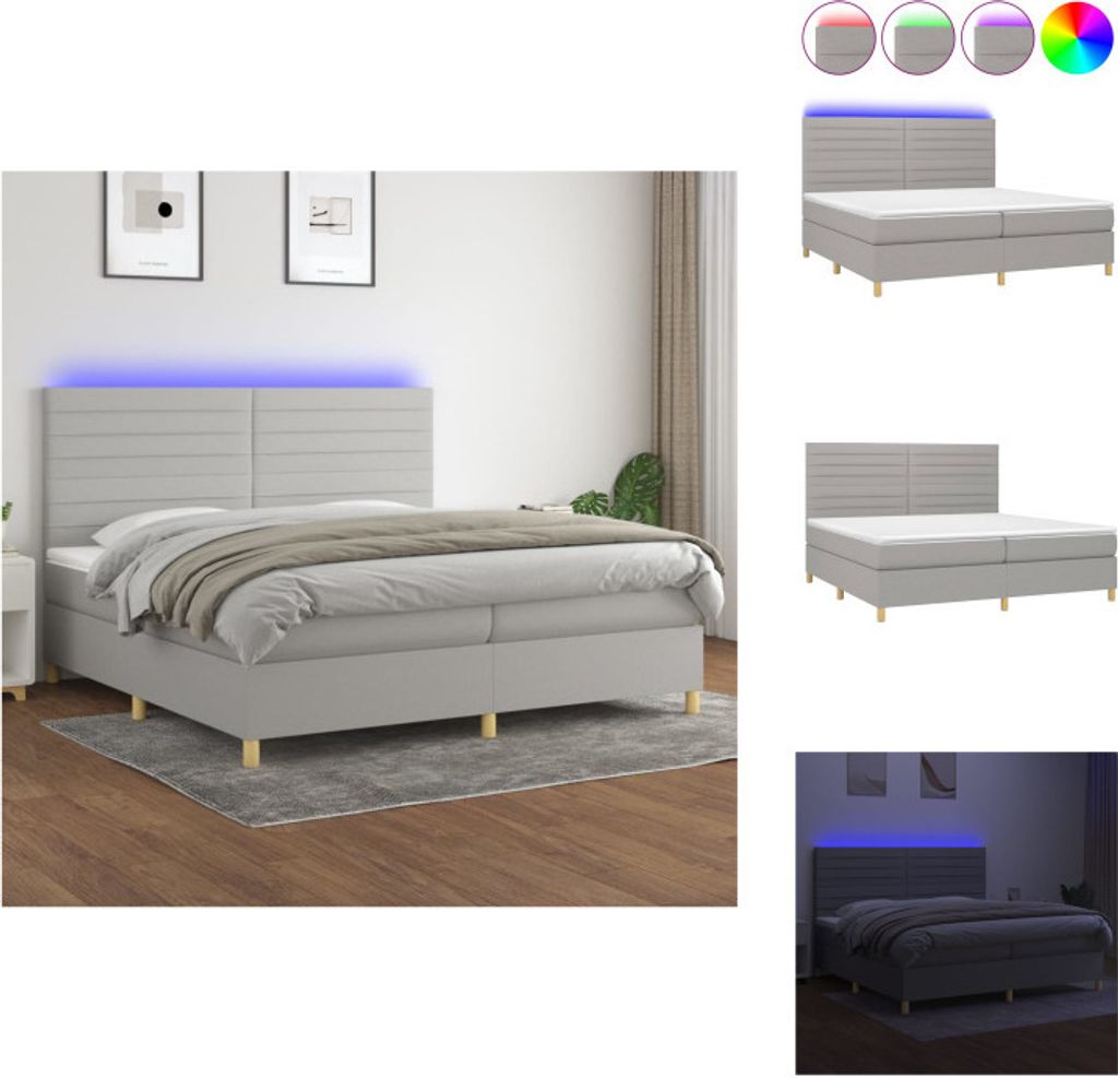 vidaXL Boxspringbett mit Matratze & LED Hellgrau 200x200 cm Stoff - Betten & Bettgestelle