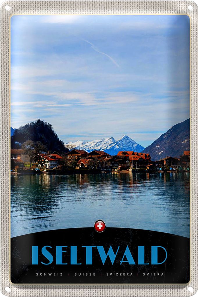 Blechschild Reise 20x30cm Iseltwald See Schnee Gebirge Urlaub