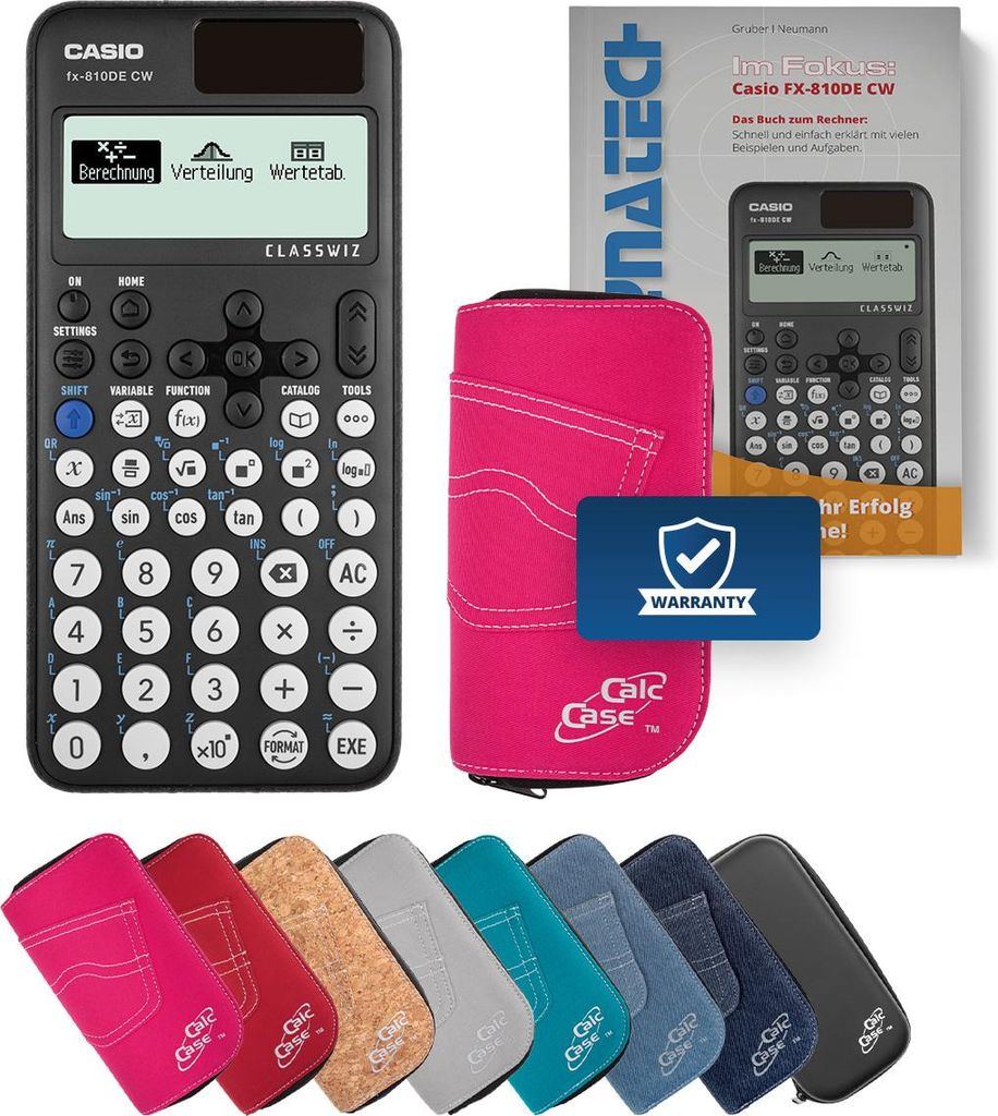 Casio FX-810 DE CW Taschenrechner mit Schutztasche pink und Fachbuch