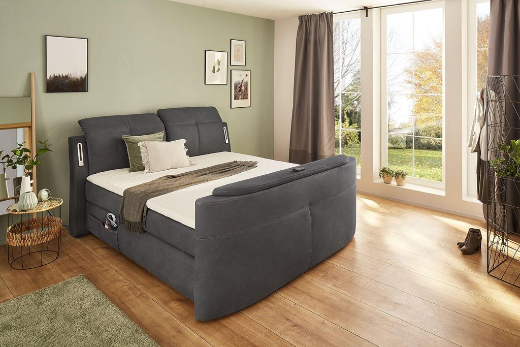 Microfaser Boxspringbett MOVIE-STAR MIX dunkelgrau H3 H4 mit LED, USB, TV-Halterung & verstellbaren Kopfstützen