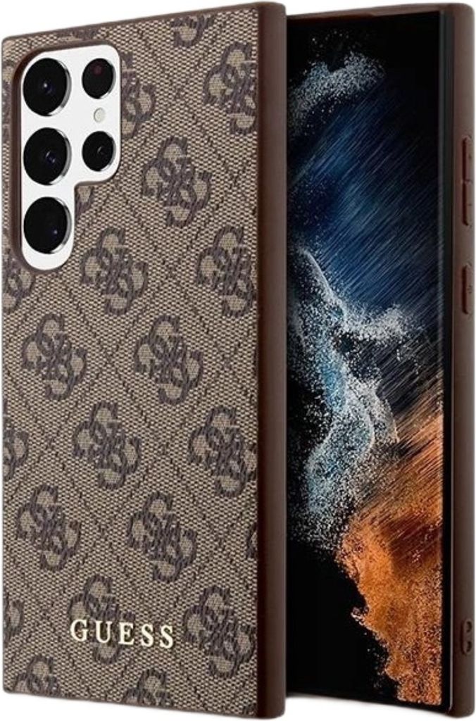 A close-up view of a smartphone case with a repeating logo pattern and the brand name visible.