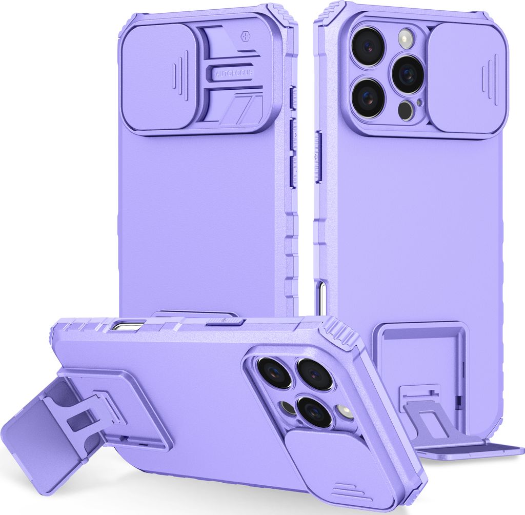Dual Layer Hülle für iPhone 16 Pro Stossfest Robust Ständer Schutzhülle mit Schiebe Kamera Schutz Lila