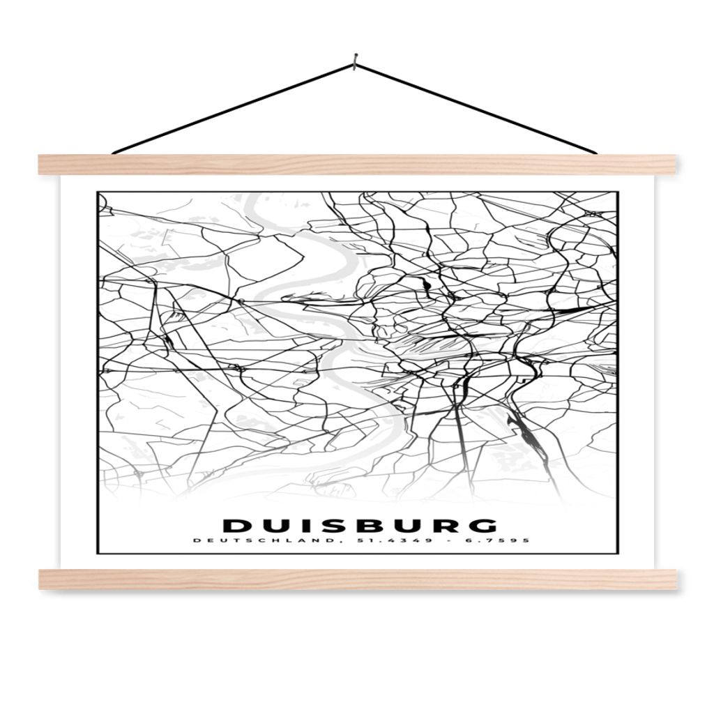 MuchoWow Textilposter Karte - Duisburg - Stadtplan - Wegbeschreibung 120x80 cm mit holzfarbenen Rahmen - Aufhängeset