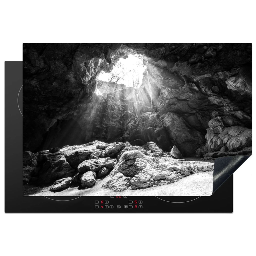 KitchenYeah Herdabdeckplatte Höhle mit guter Beleuchtung - schwarz und weiß , 78x52cm, Küche Deko, Glaskeramikkochfeld Herdabdeckung, Abdeckpl...
