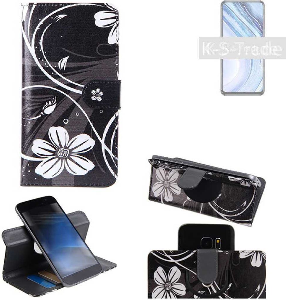 K-S-Trade Schutzhülle Handyhülle kompatibel mit Medion E5008 Hülle 360° Wallet Case ''Flowers'' Klapphülle Hülle schwarz-weiß 1x