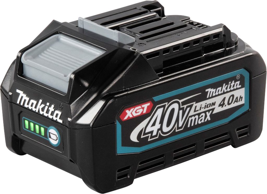 A close-up studio shot of a black Makita XGT 40V 4.0Ah Li-Ion battery pack.