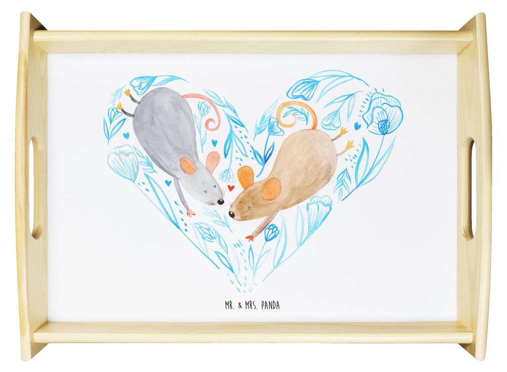 Mr. & Mrs. Panda Tablett Mäuse Herz - Weiß - Geschenk, Verlobung, Freundin, Liebesbeweis, Dekotablett, sofatablett, Servierplatte Holz, zum servi...