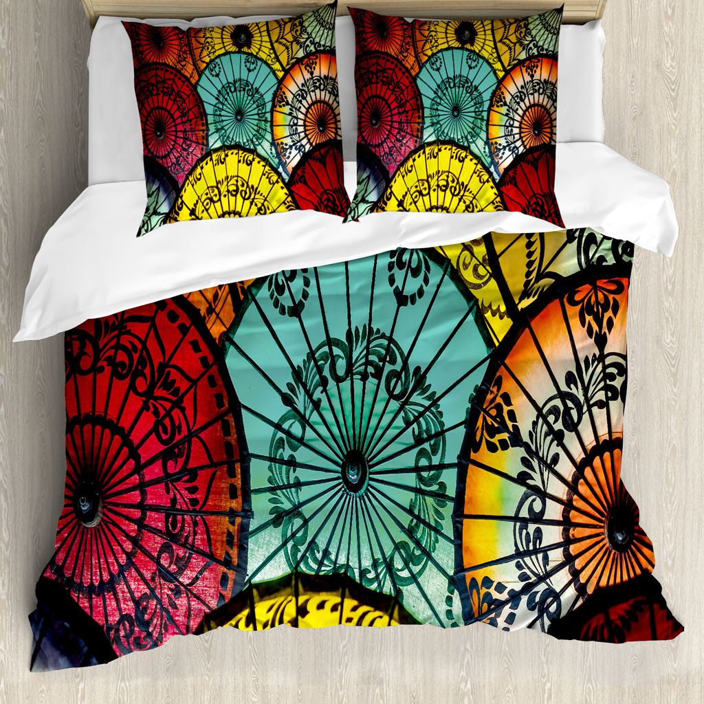 ABAKUHAUS asiatisch Bettbezug, Umbrella Markt, Milbensicher Allergiker geeignet mit Kissenbezügen, 155 cm x 220 cm - 80 x 80 cm, Mehrfarbig